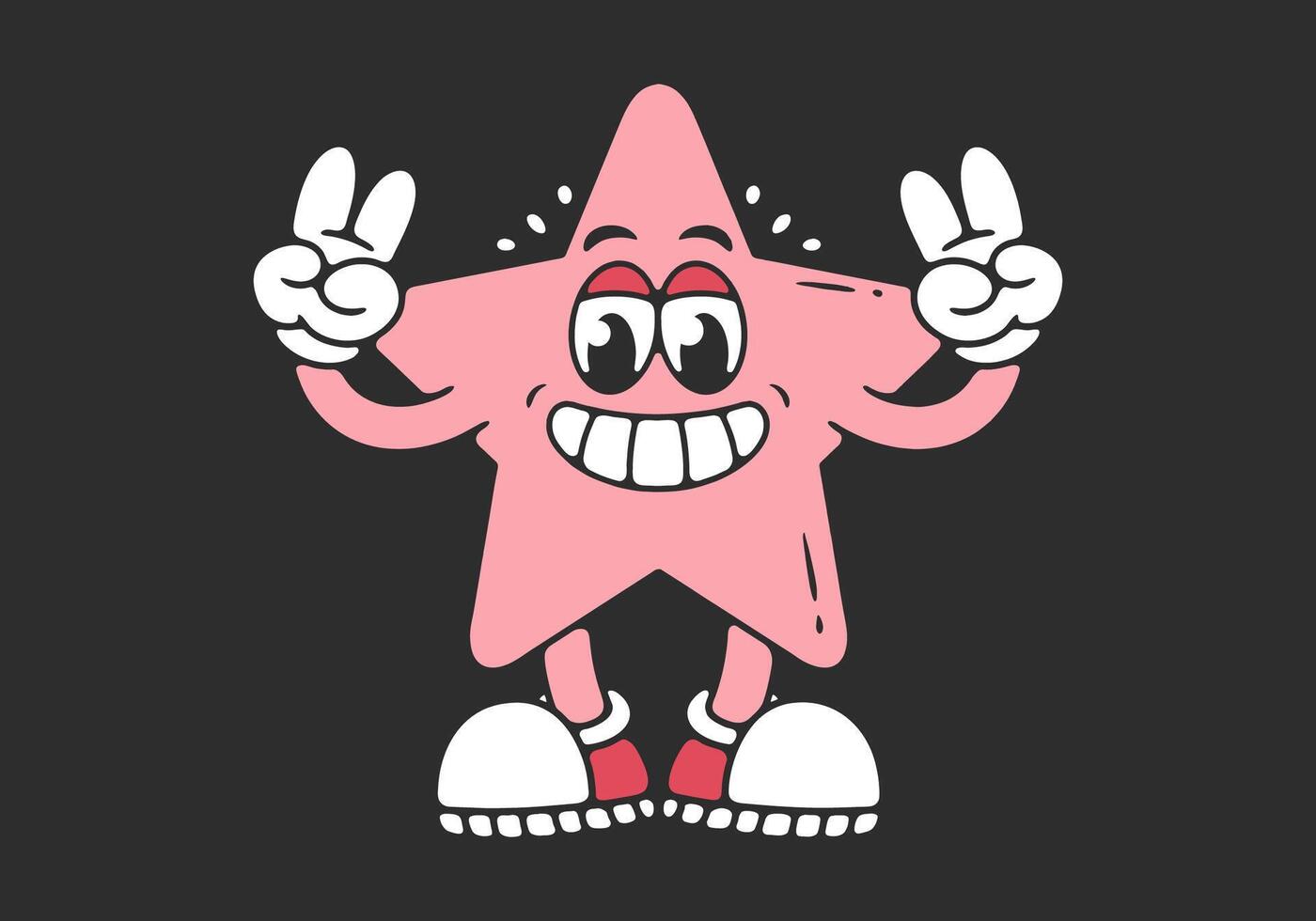 Mascot character of a standing star with hands forming a peace symbol in pink color vector