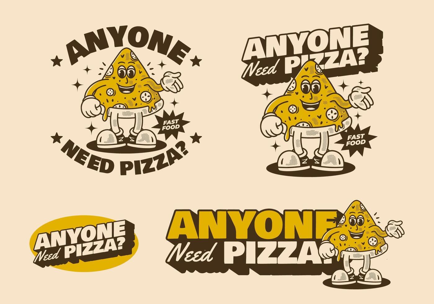 Anyone need pizza. Mascot character of pizza slice in retro vintage style in 3 version vector