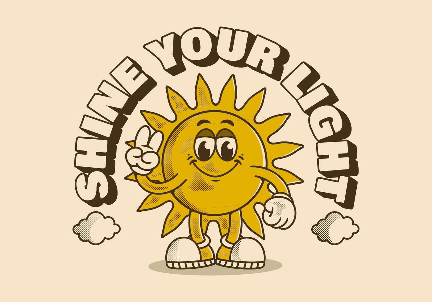 Shine your light. Happy sun mascot character in peace hand symbol vector