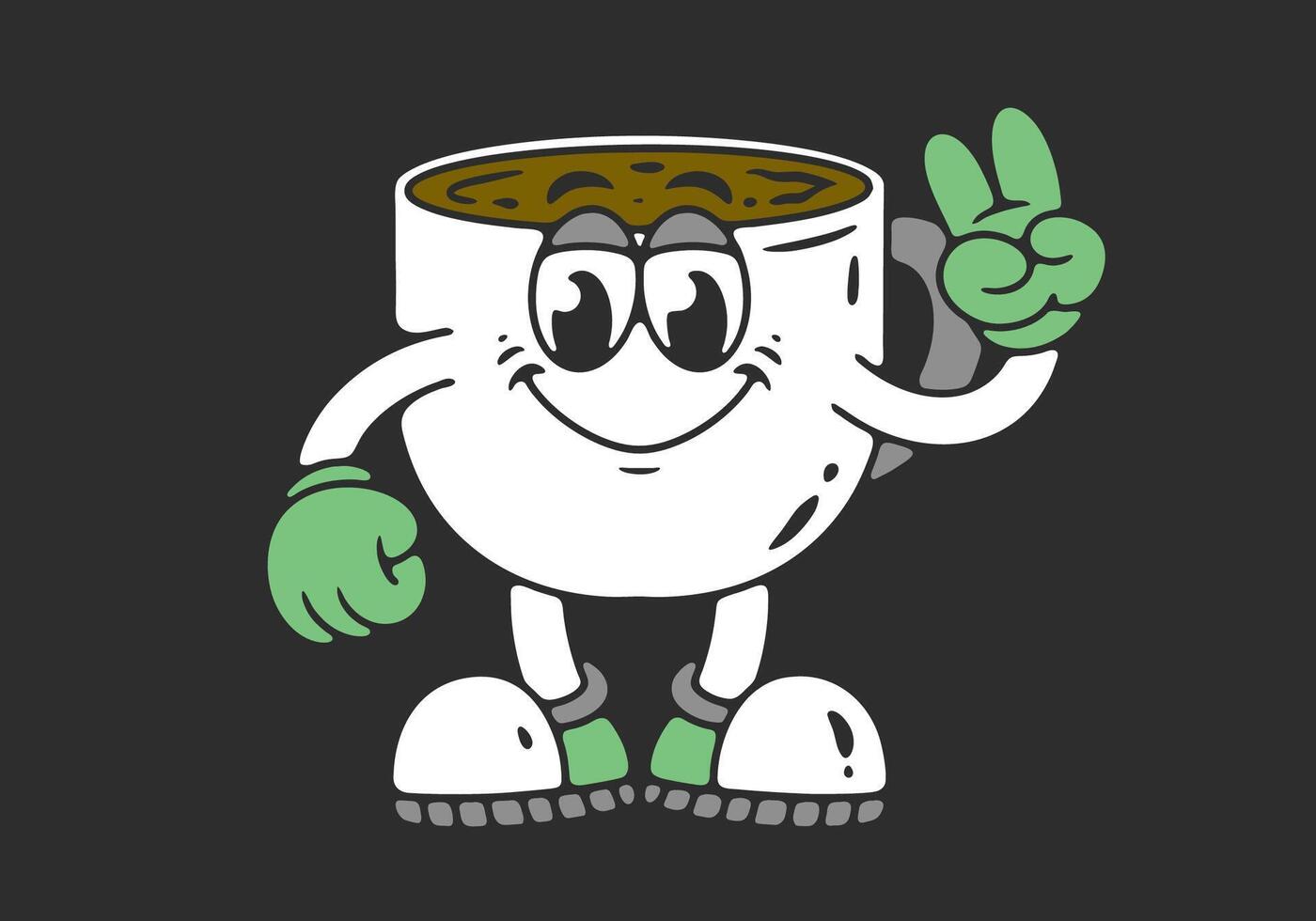 Character mascot of a coffee mug with hands forming a peace symbol. In dark background vector