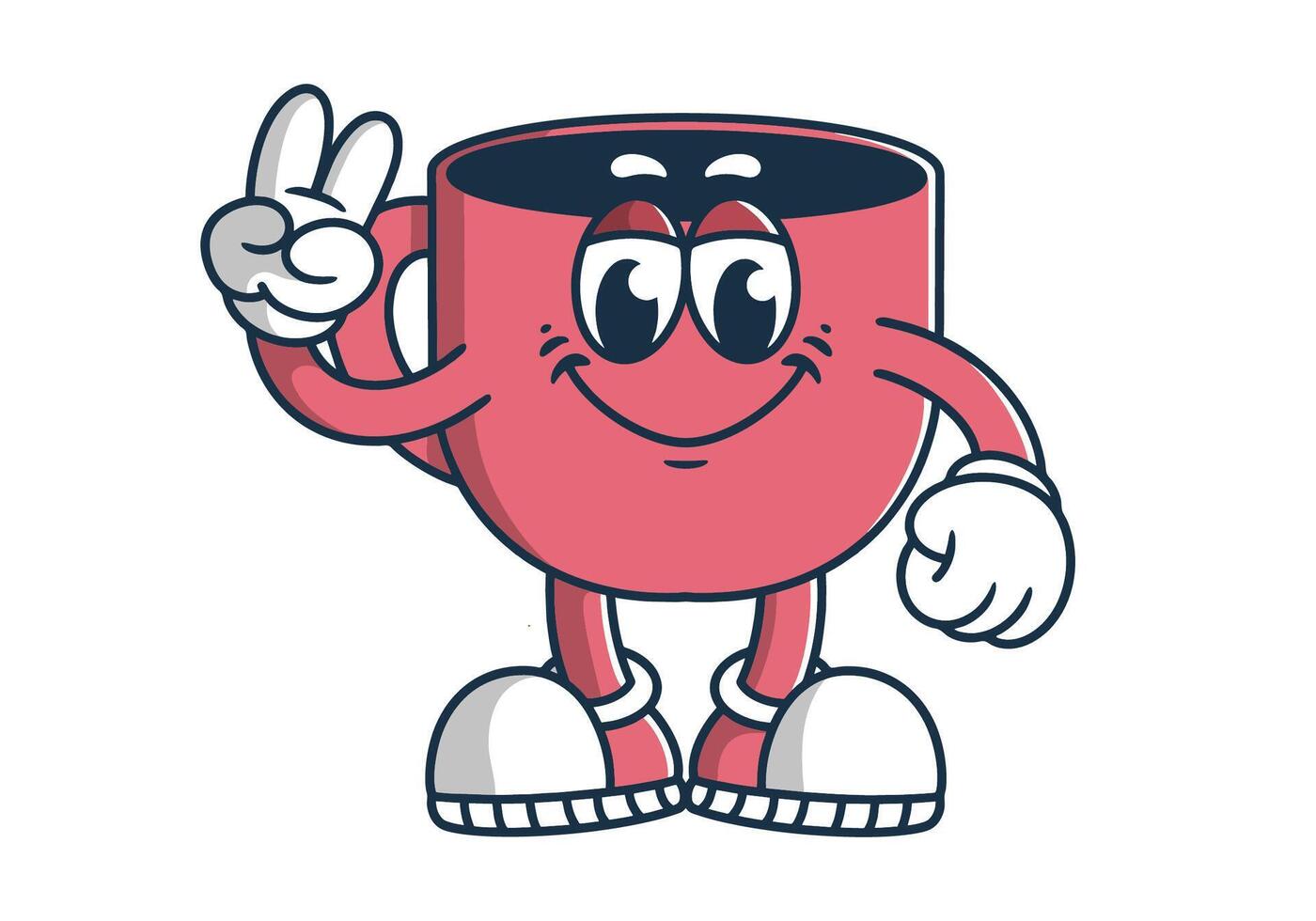 Character mascot of a coffee mug with hands forming a peace symbol in isolated white background vector