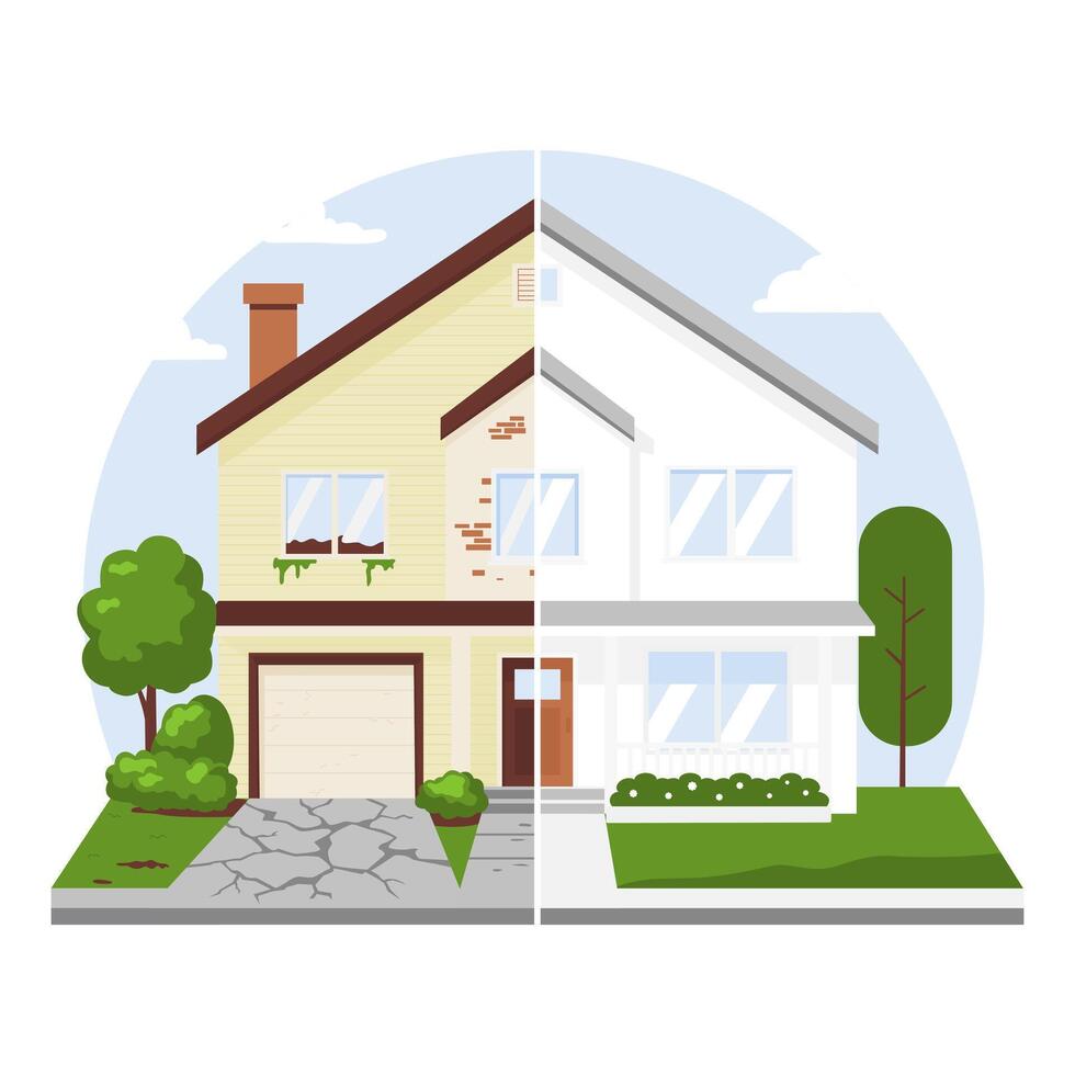 Before and after home renovation exterior transformation comparison vector