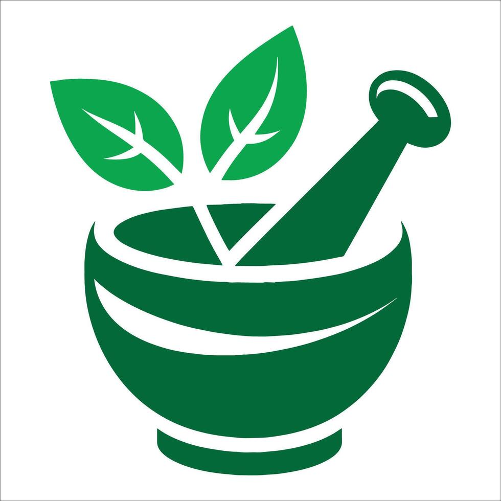 A green mortar and pestle with a plant in it vector
