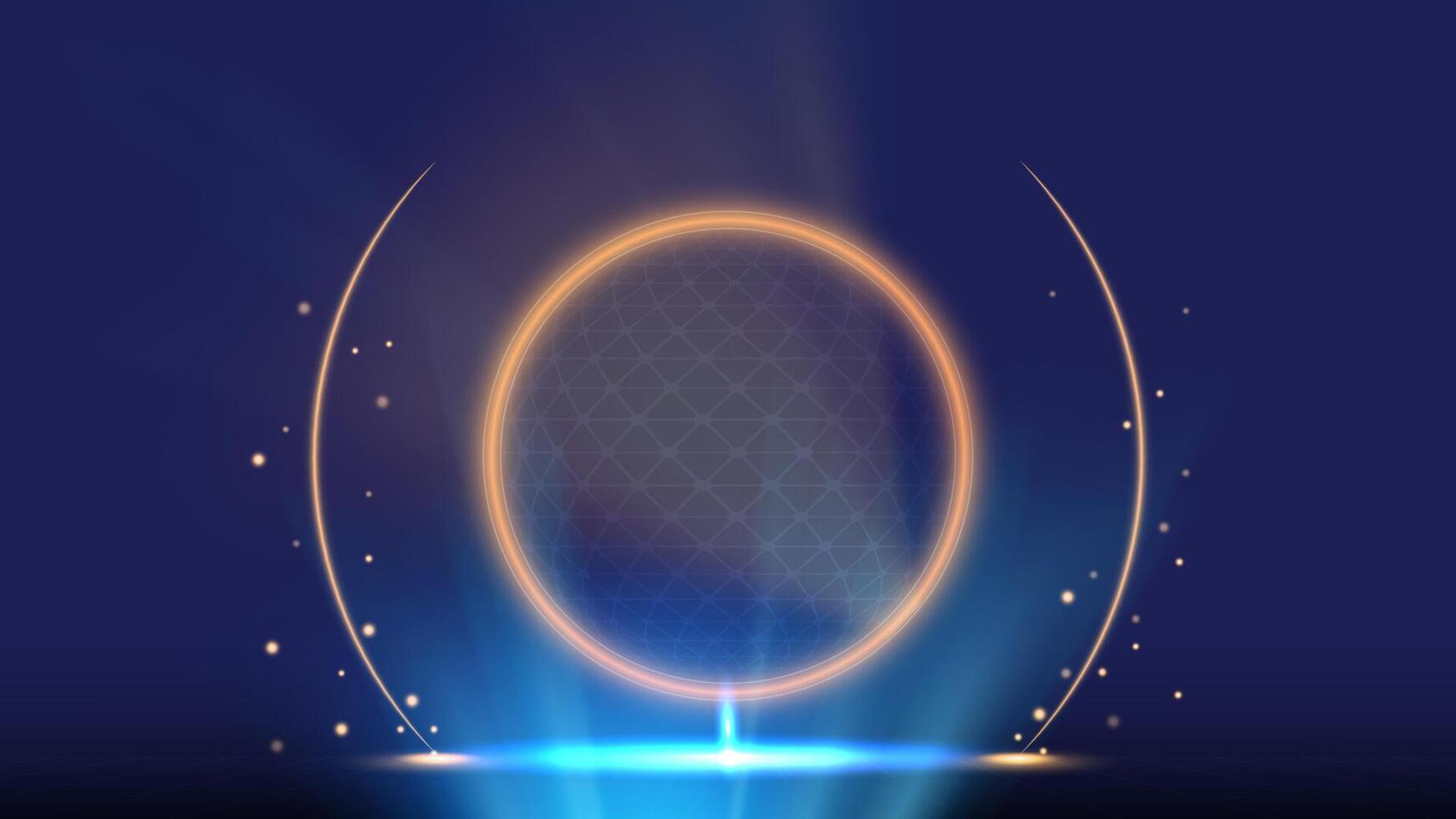 Abstract golden ring circles with spotlight effect on blue stage background, perfect for celebrations awards, festive, shows and exhibitions. vector
