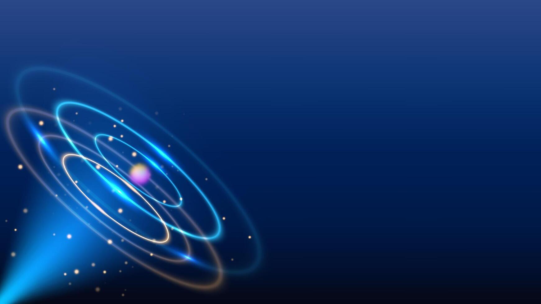 A stunning circular design combining blue and gold light effects with abstract golden rings and sparkling swirls, perfect for celebrations and exhibitions on dark stage backgrounds. vector