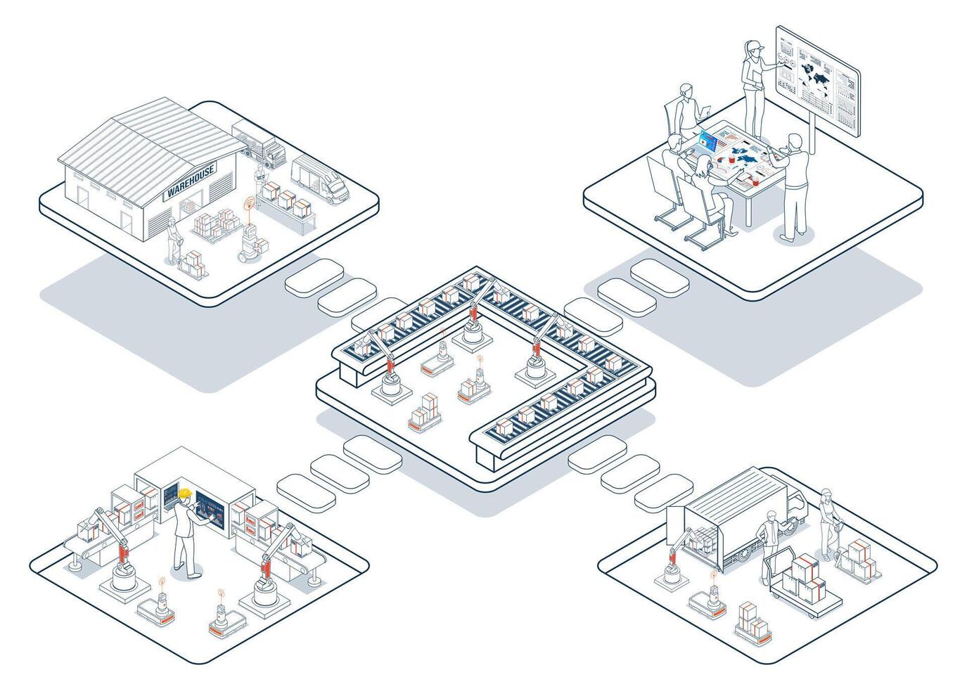 3D Isometric logistics supply chain integrates fleet management, warehousing, and planning systems, utilizing AGVs and AMRs for automated warehouse operations. vector