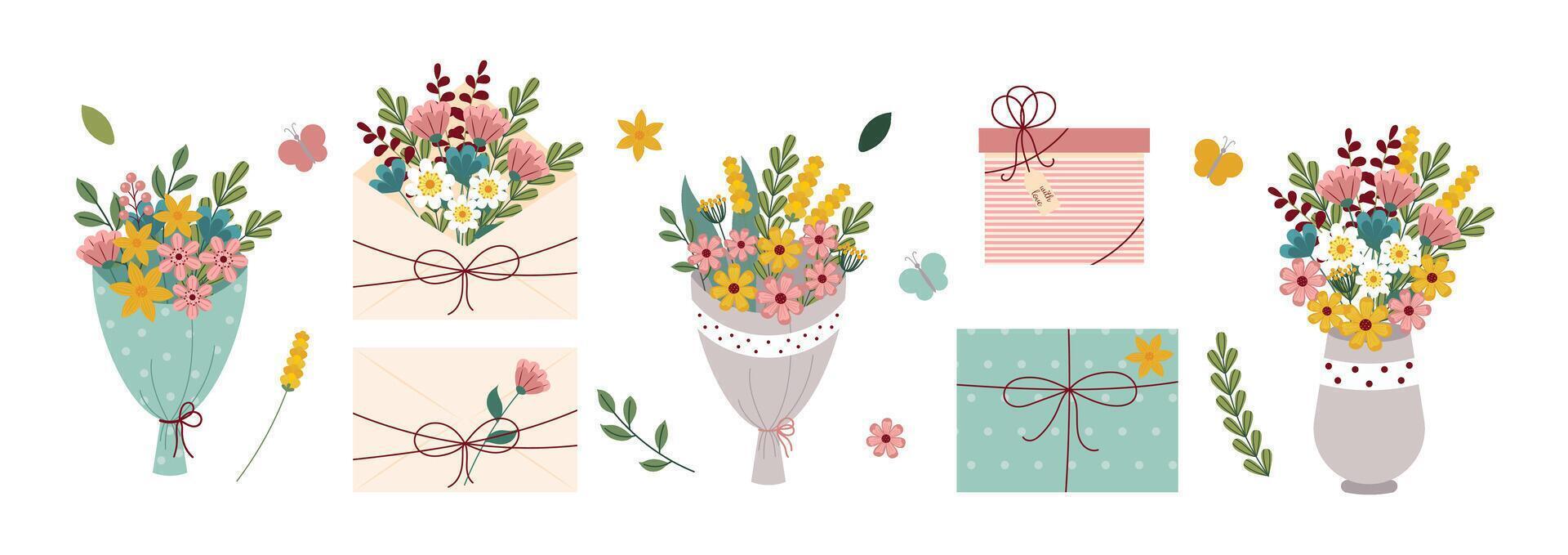Set of envelopes and bouquets with floral arrangements in flat style. Concept of holiday, arrival of spring. Design for Women's Day, Mother's Day and Birthday. illustration vector