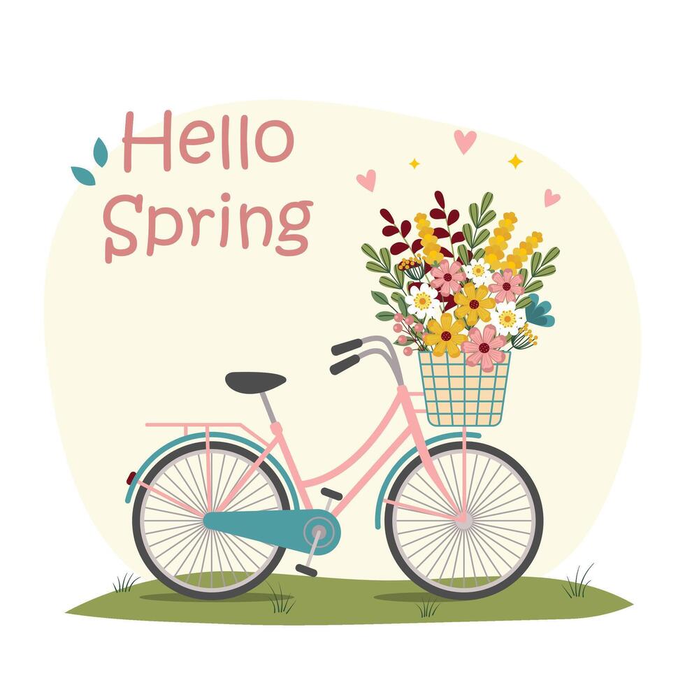 Hello spring greeting card. Bicycle with beautiful bouquet of flowers. illustration vector