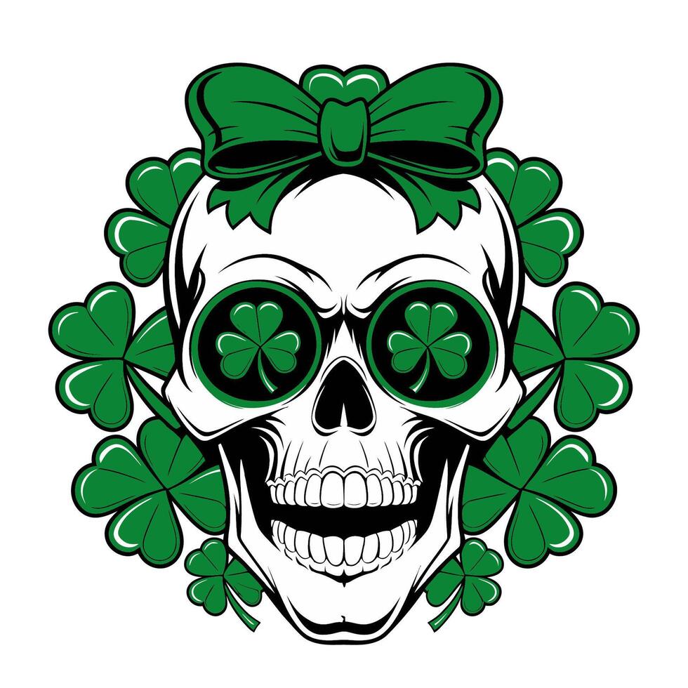 St. Patrick's Day Skull with Shamrocks and Bow Illustration vector