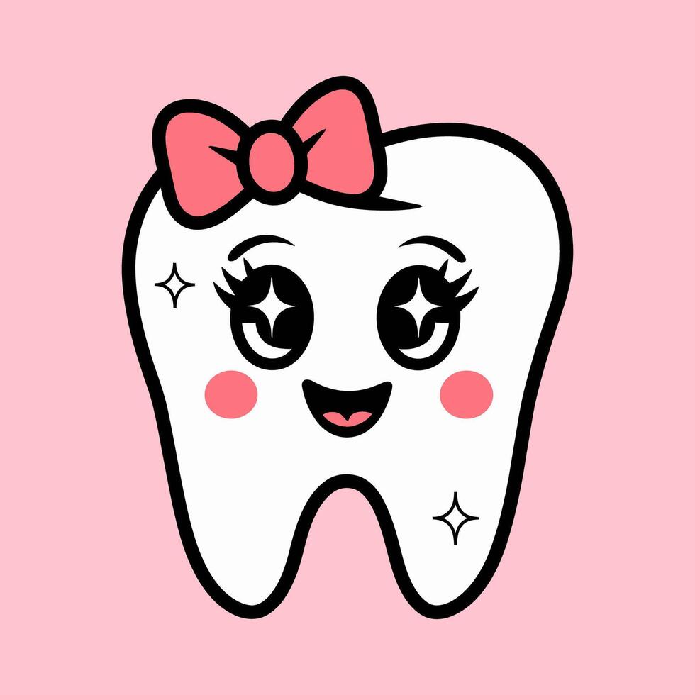 Cute Kawaii Tooth with Bow Cartoon Illustration vector