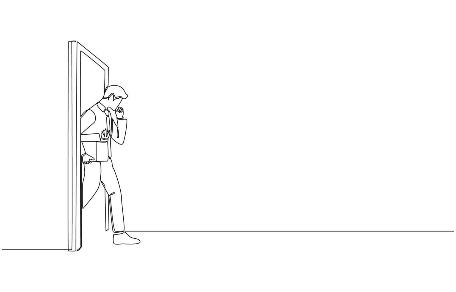Continuous one line drawing of dismissed employee walking out of office door with box of belongings, being laid off from work concept, single line art vector
