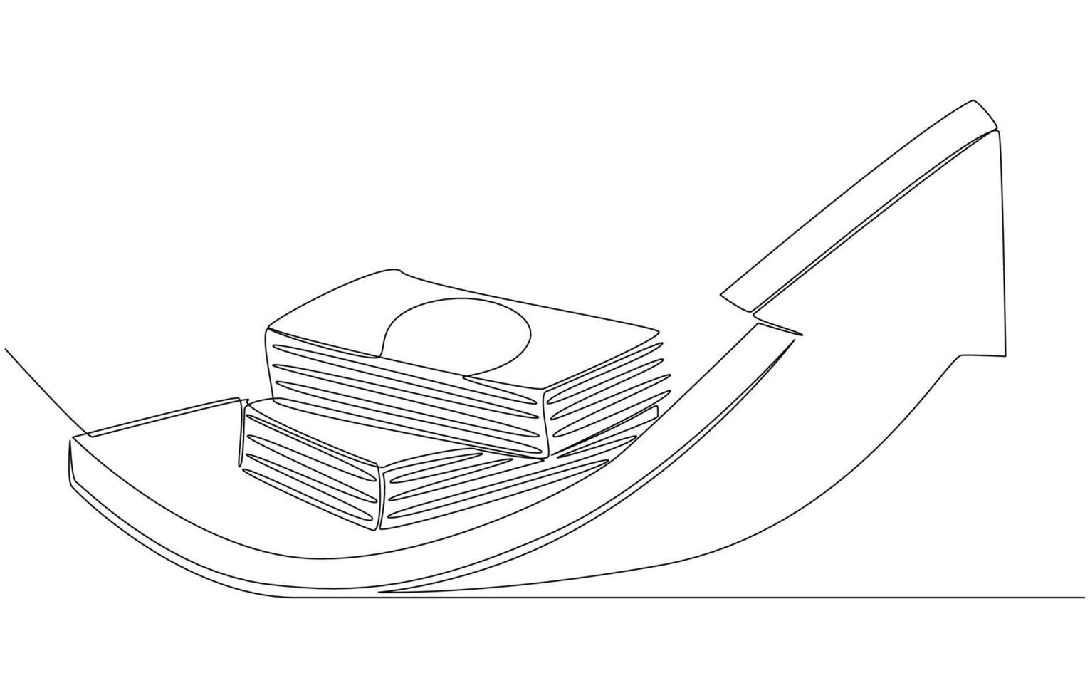 Continuous one line drawing of banknotes heap on rising arrow, financial success and growth concept, single line art vector
