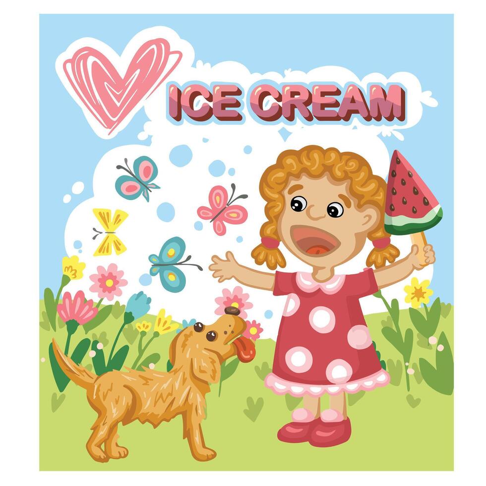 Girl with watermelon and heart logo in meadow scene. vector