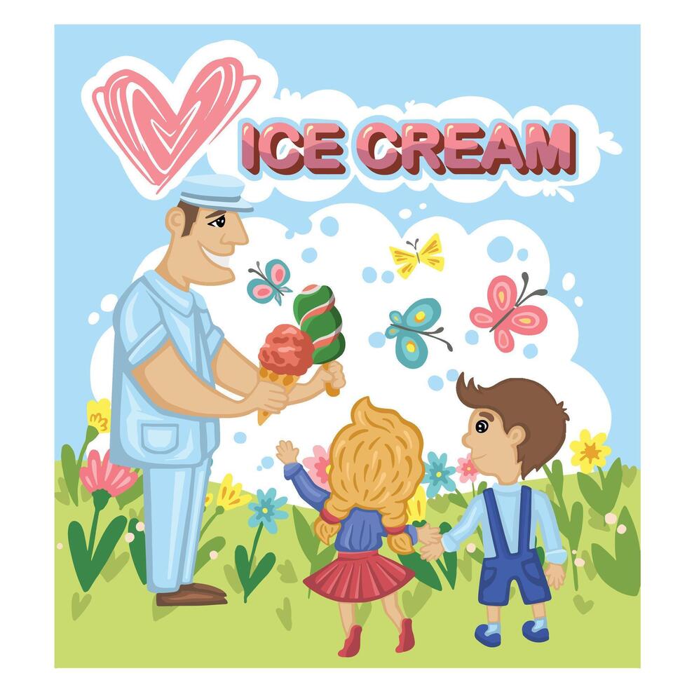 Vendor with heart logo giving ice cream to kids in meadow. vector