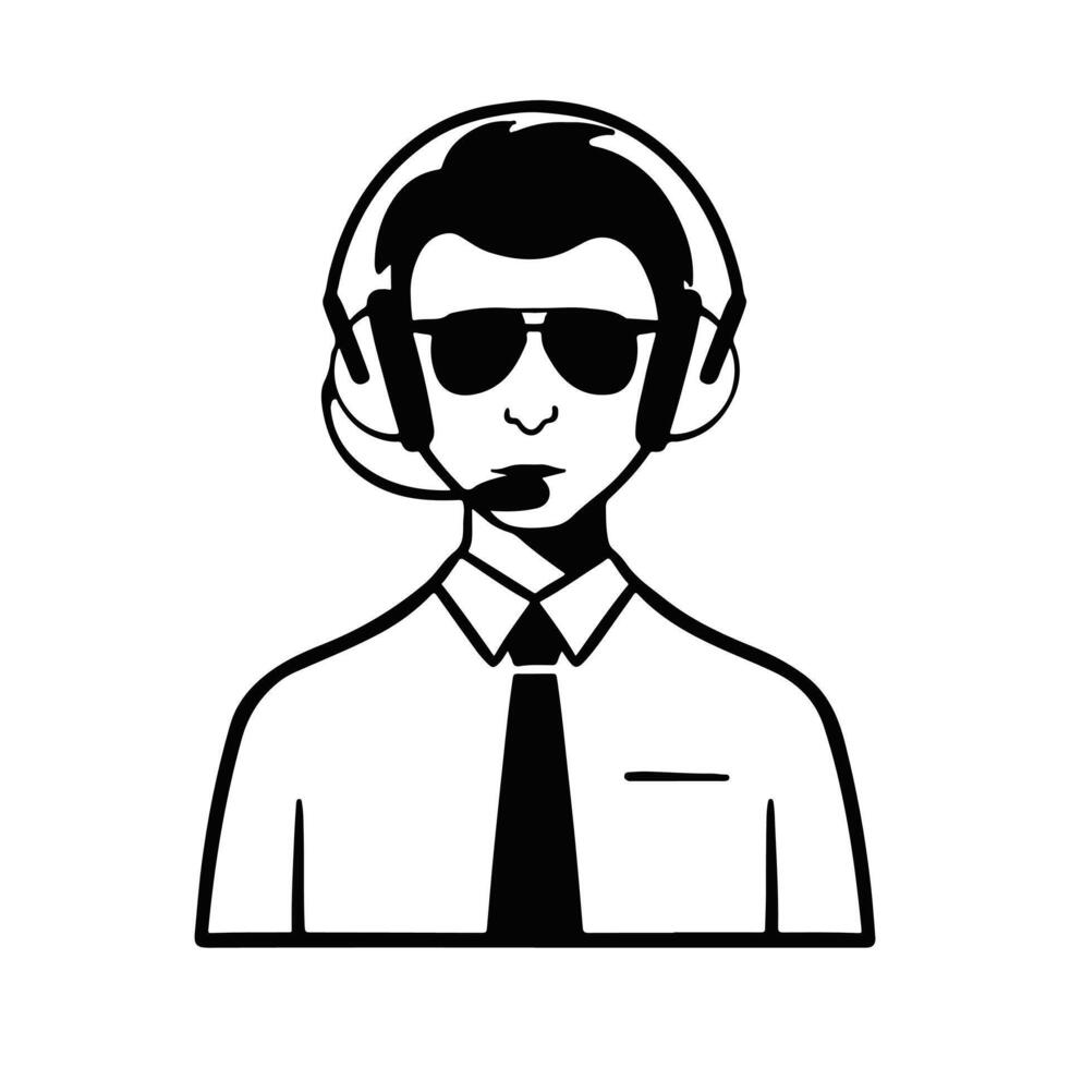 Flat style avatar, dispatcher, secretary-administrator worker in tie and sunglasses, black and white vector
