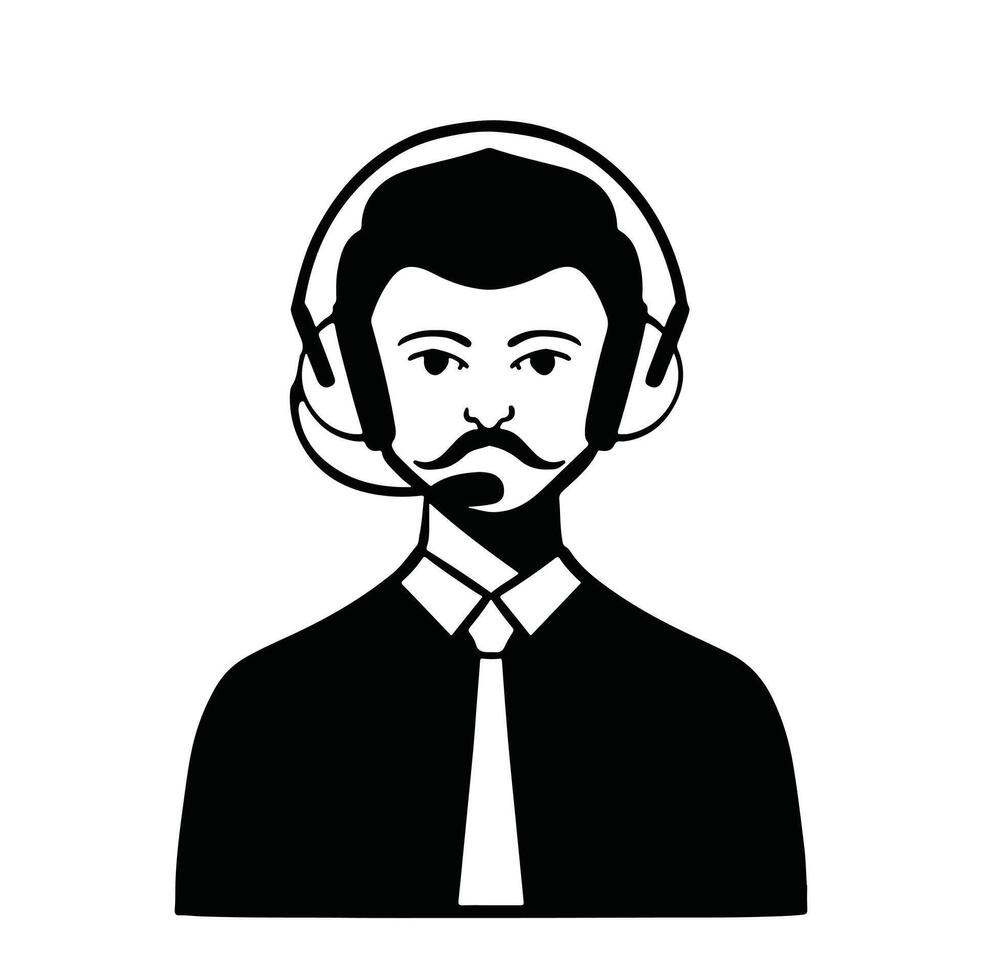Flat style avatar, dispatcher secretary administrator with mustache in shirt man in tie, black and white vector