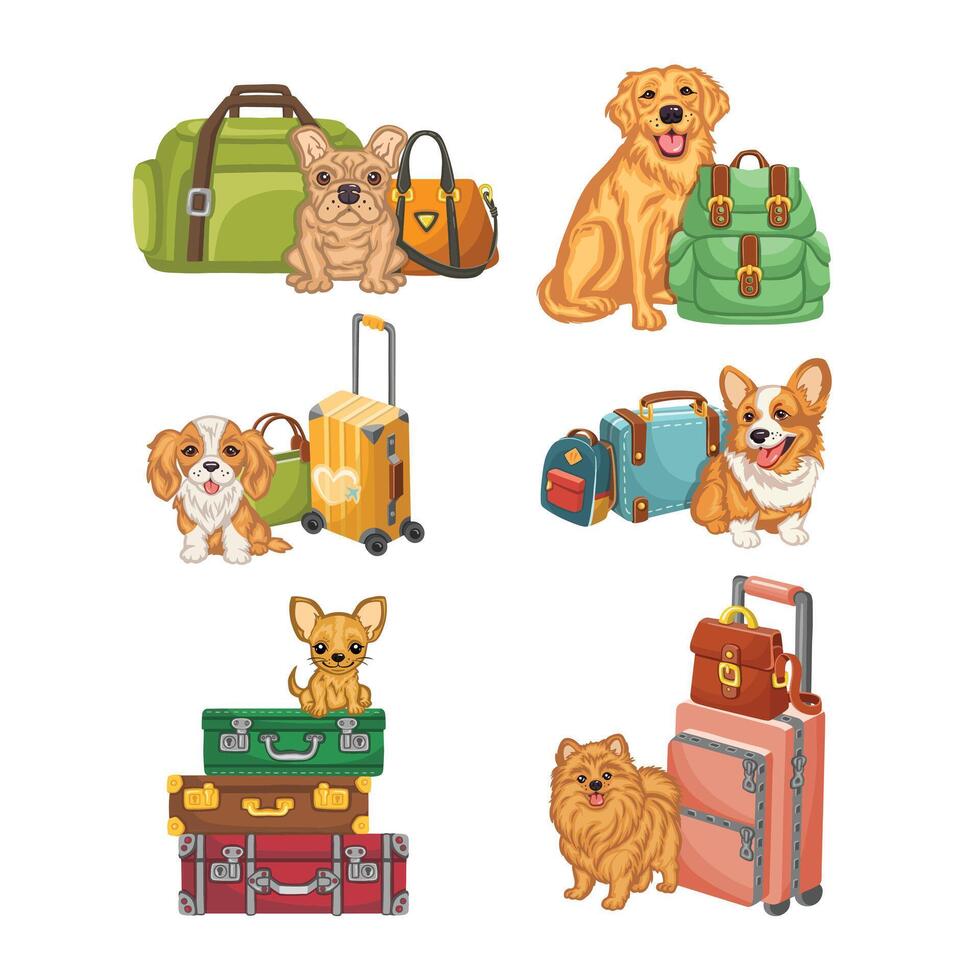 Set of stickers of purebred dogs travelers illustration vector