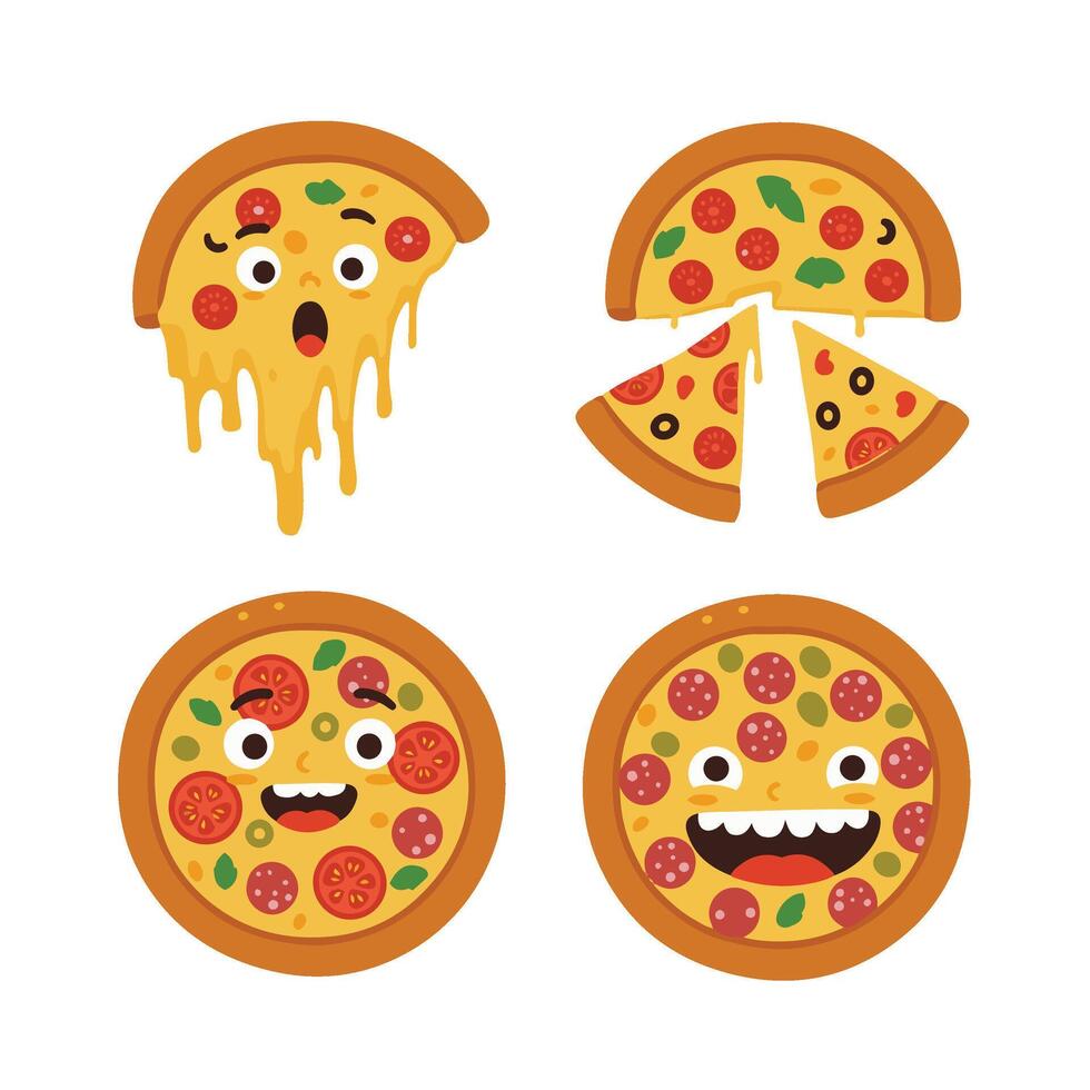 Angry and Happy Pizza Slice Set with Cartoon Faces vector