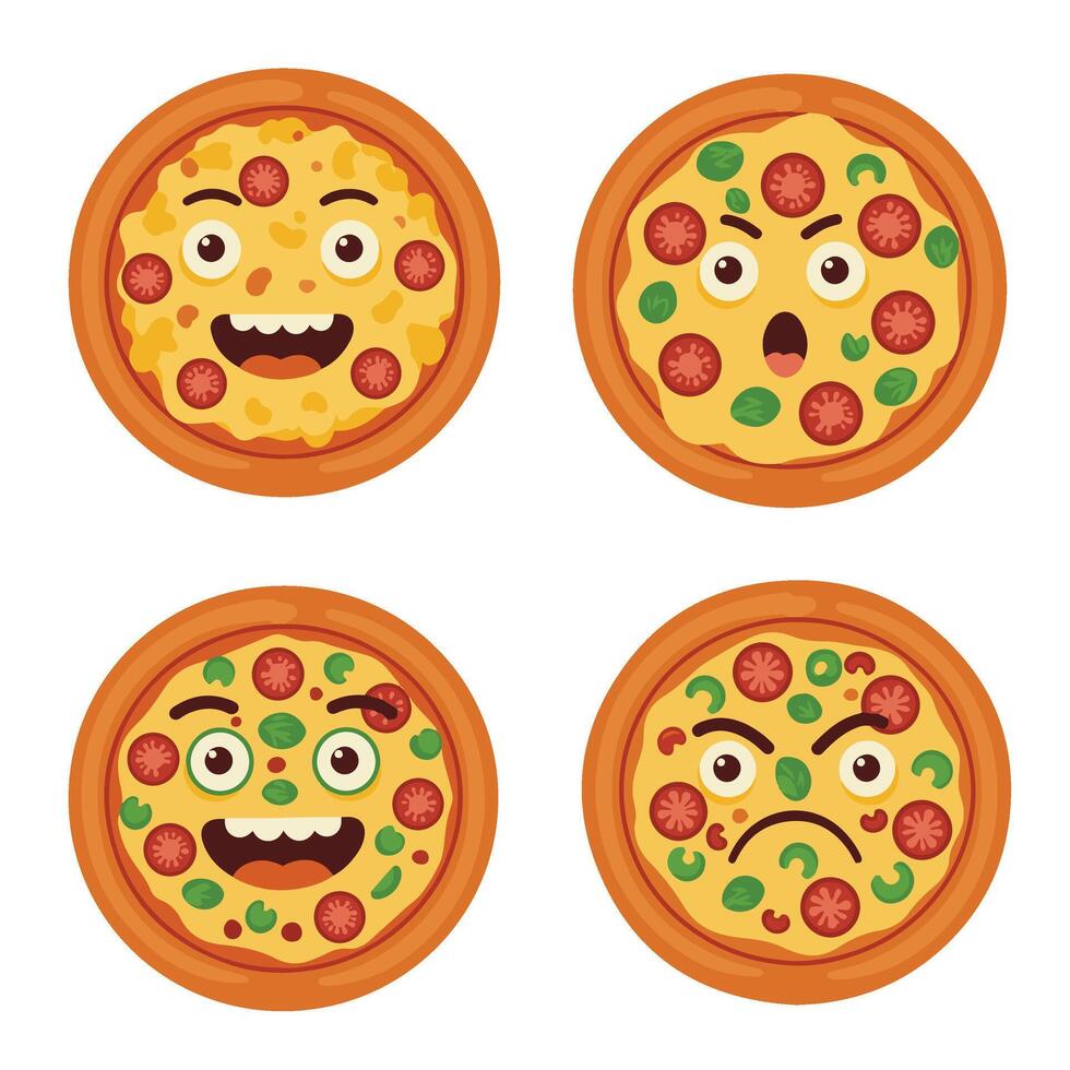 Cheesy Pizza Slice Fun Set with Different Feelings vector