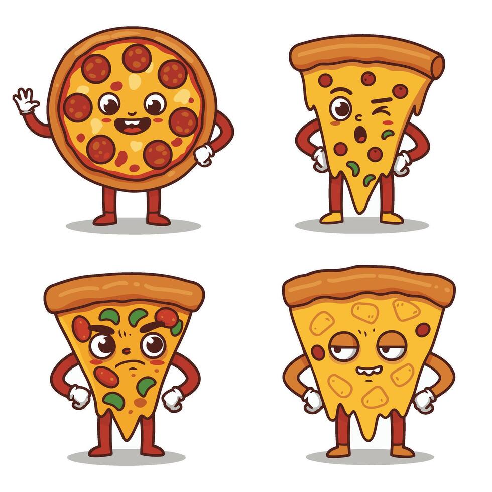 Cartoon Pizza Character Set with Funny Mood Swings vector