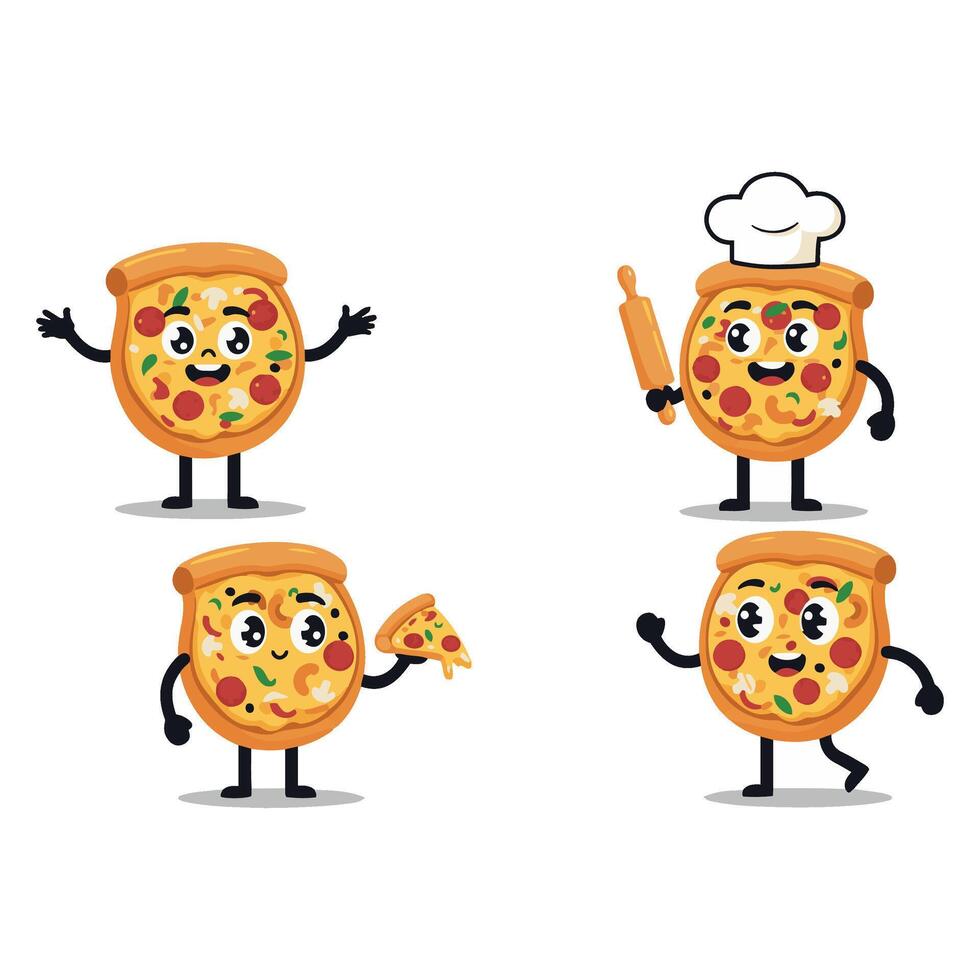 Cheesy Pizza Slice Set with Funny and Angry Faces vector