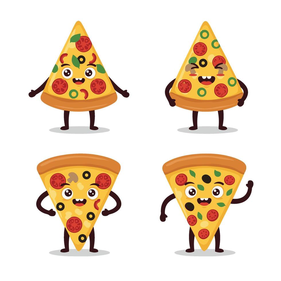 Cheesy Pizza Slice Art Set with Funny Expressions vector