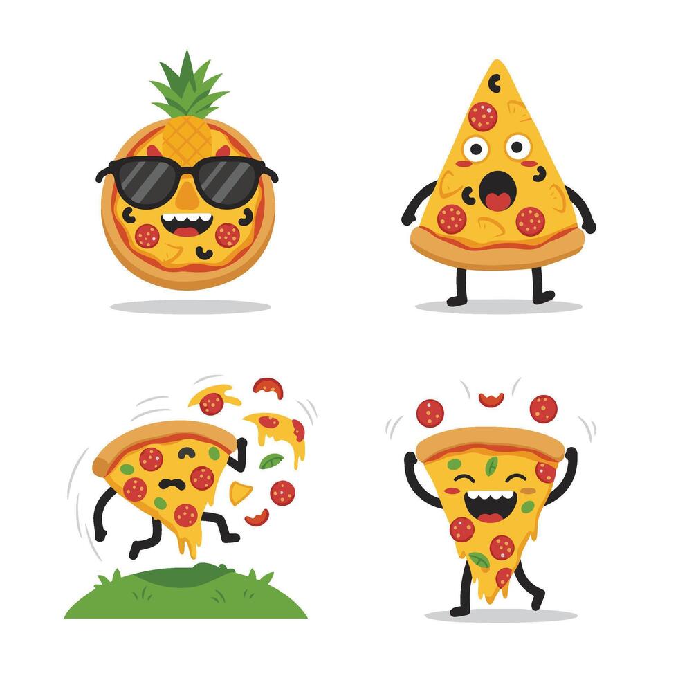 Silly Pizza Slice Set with Cute and Angry Emotions vector