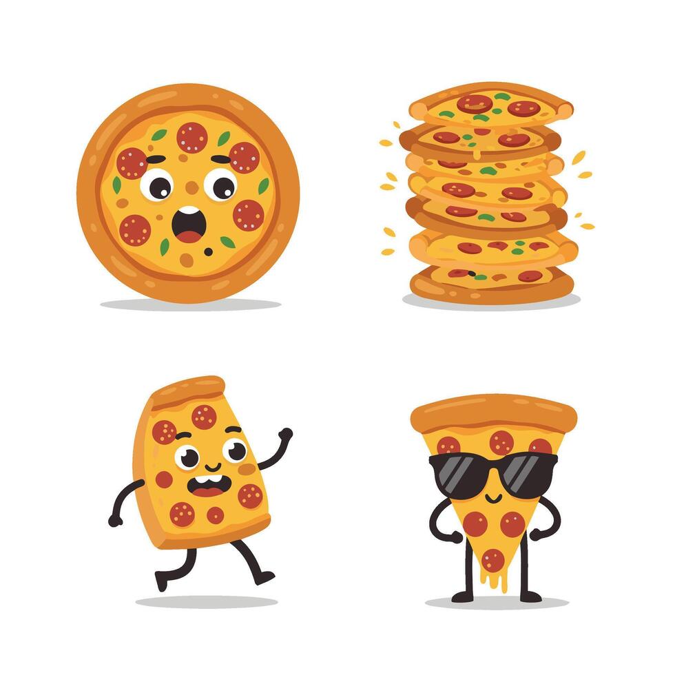 Playful Pizza Character Set with Cute Cheese Faces vector