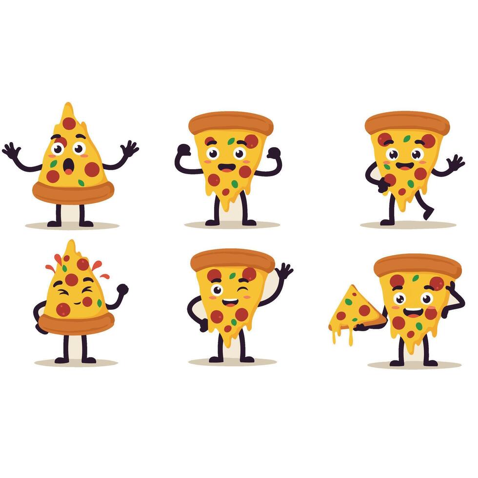 Cute Funny Pizza Slice Set with Smiling Cartoon Faces vector