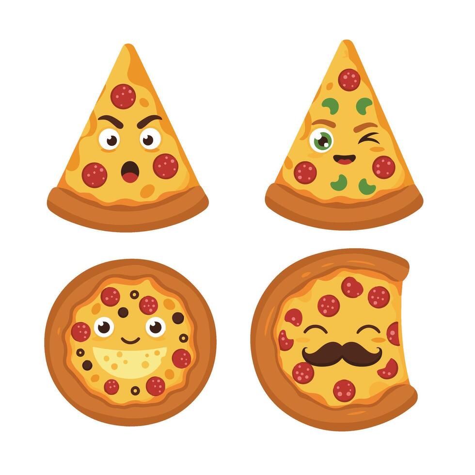 Funny Pizza Slice Collection with Cute Cheese Faces vector