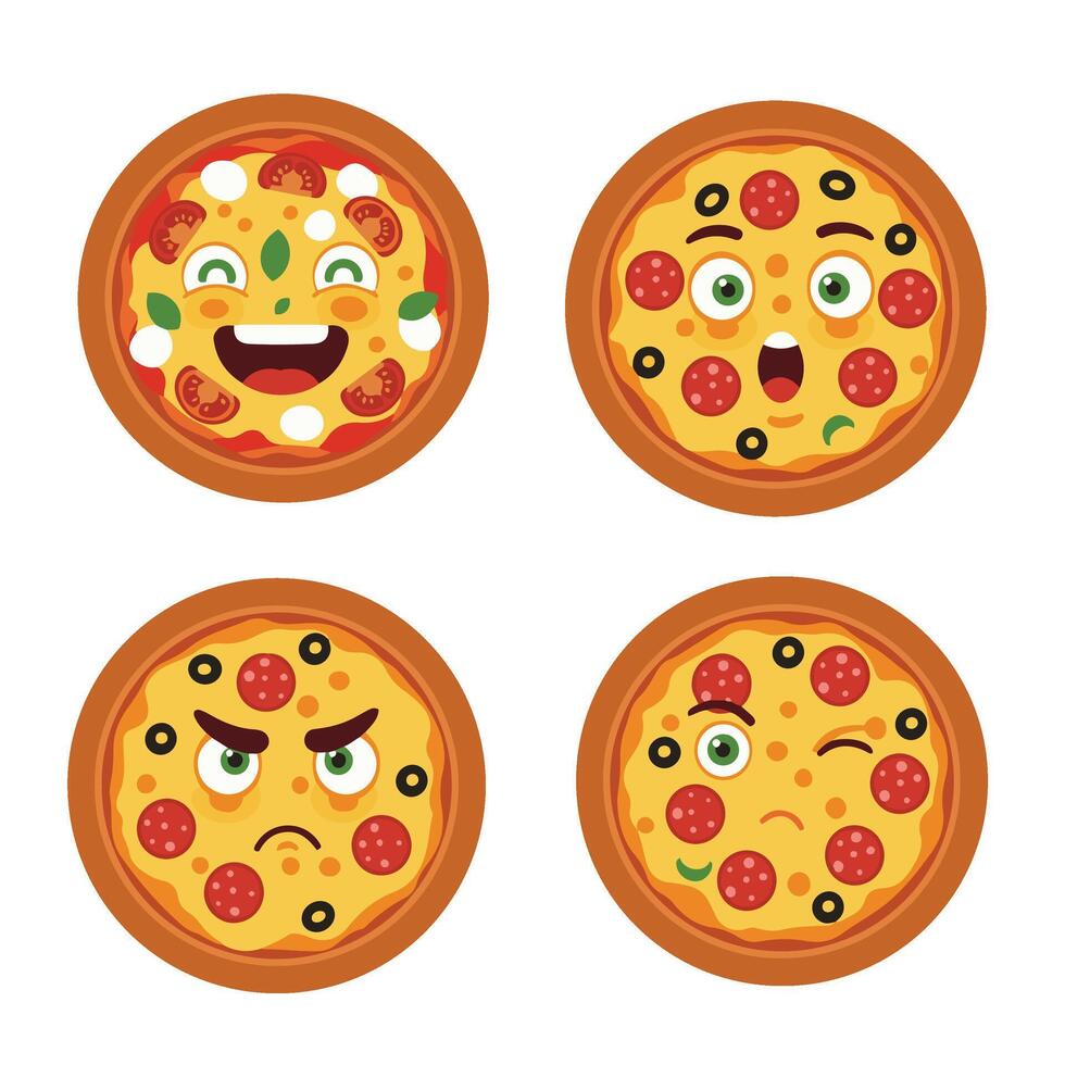 Cheesy Pizza Slice Character Set with Funny Emotions vector