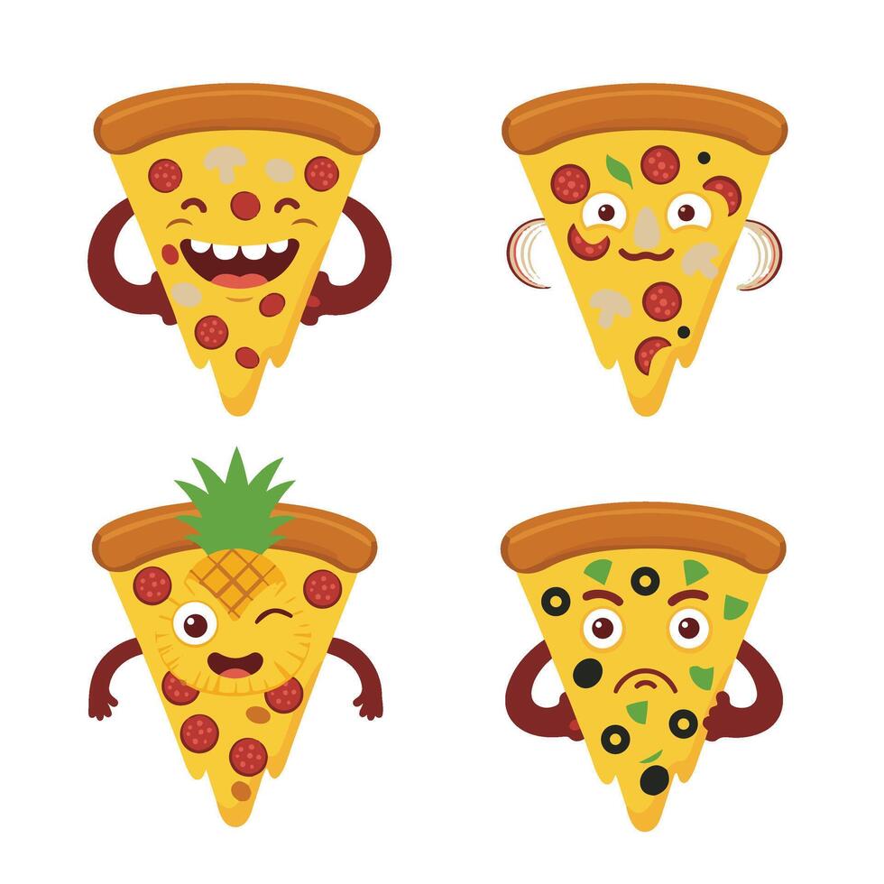 Funny Pizza Slice Cartoon Set with Playful Expressions vector