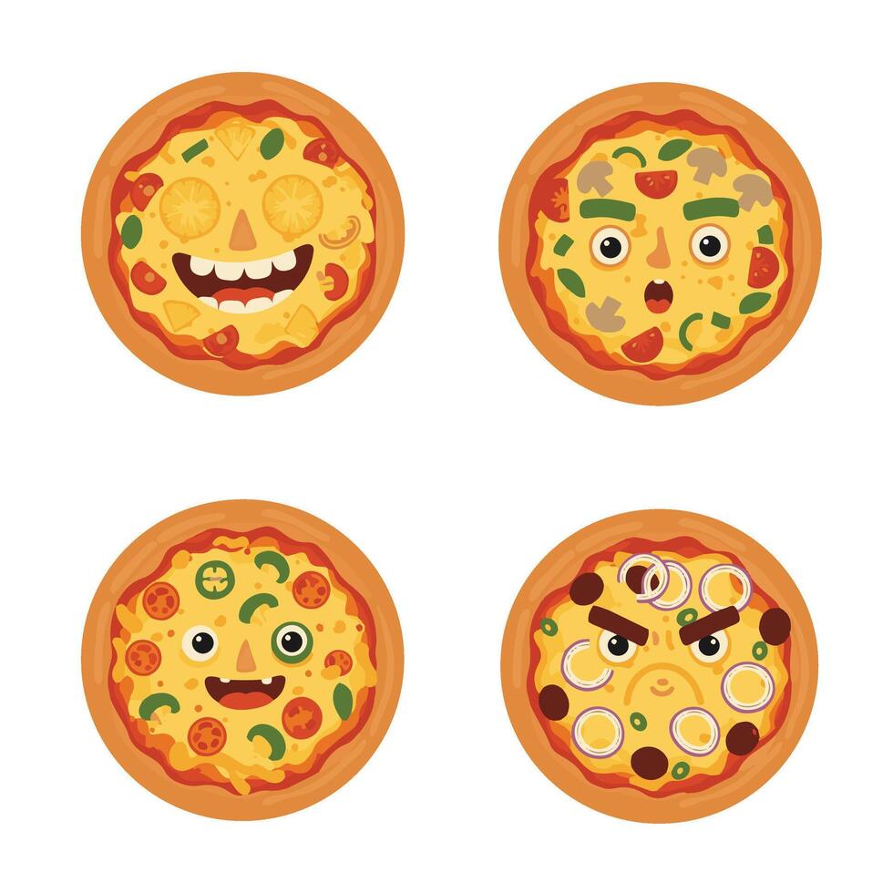 Cheesy Pizza Slice Collection with Happy and Angry Faces vector