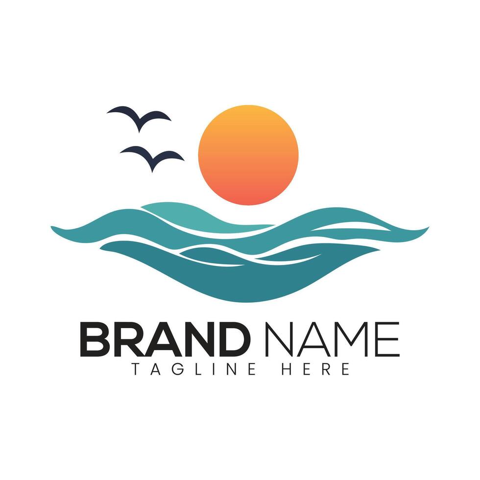 Abstract Ocean Waves with Sun and Bird Beach Icon or Logo Design Template vector