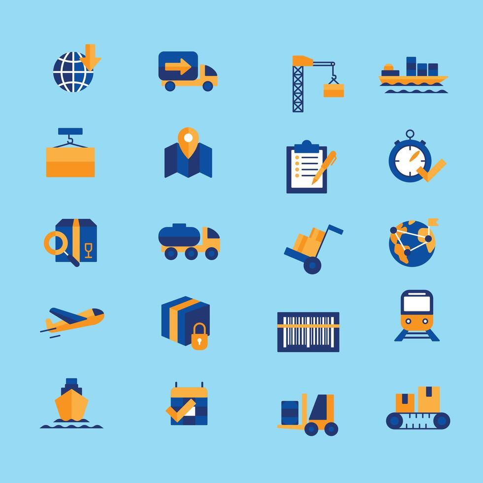 New Logistics and delivery concept blue yellow icons set with time and transport symbols flat isolated illustration vector