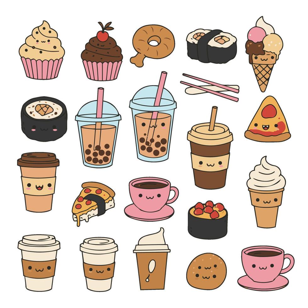 Pizza and Ice Cream with Kawaii Style Cupcakes and Coffee Cups vector