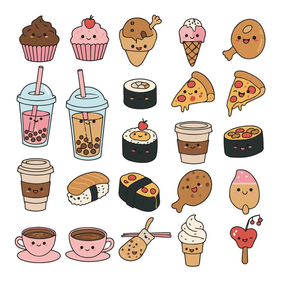 Pizza and Ice Cream with Cute Fast Food and Dessert Illustrations vector
