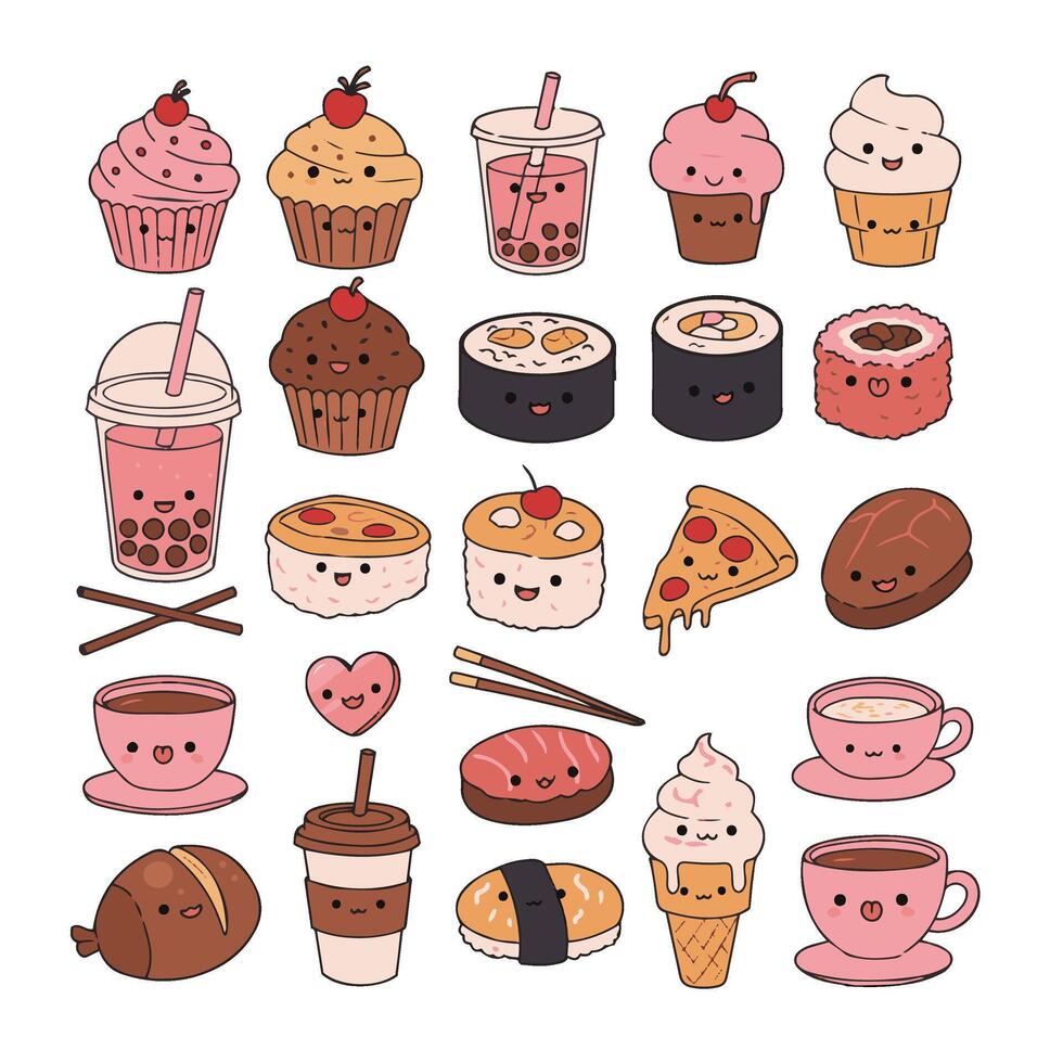 Pizza and Ice Cream with Fun Doodle Cupcakes and Sushi Rolls vector