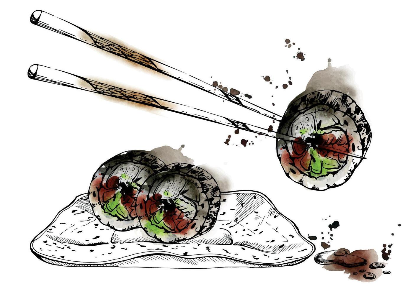 Japanese food sushi rolls on chopsticks, ceramic plate with raw fish unagi nori avocado sesame with soy sauce bowl, hand drawn in watercolor, ink. Illustration for restaurant, cafe menu, recipe book vector