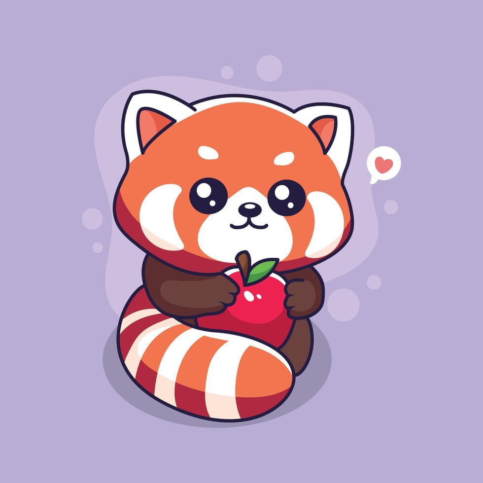 Cute red panda with an apple. cartoon character illustration. vector
