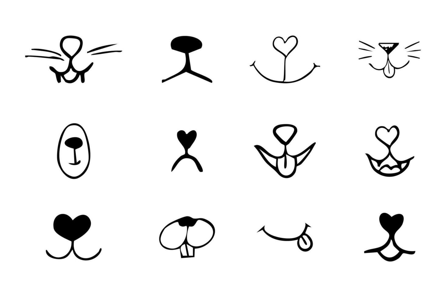 Pet mouth comic cute line doodle drawing. Set lips, noses and whiskers animal characters. Funny heart nose, hand drawn faces. vector