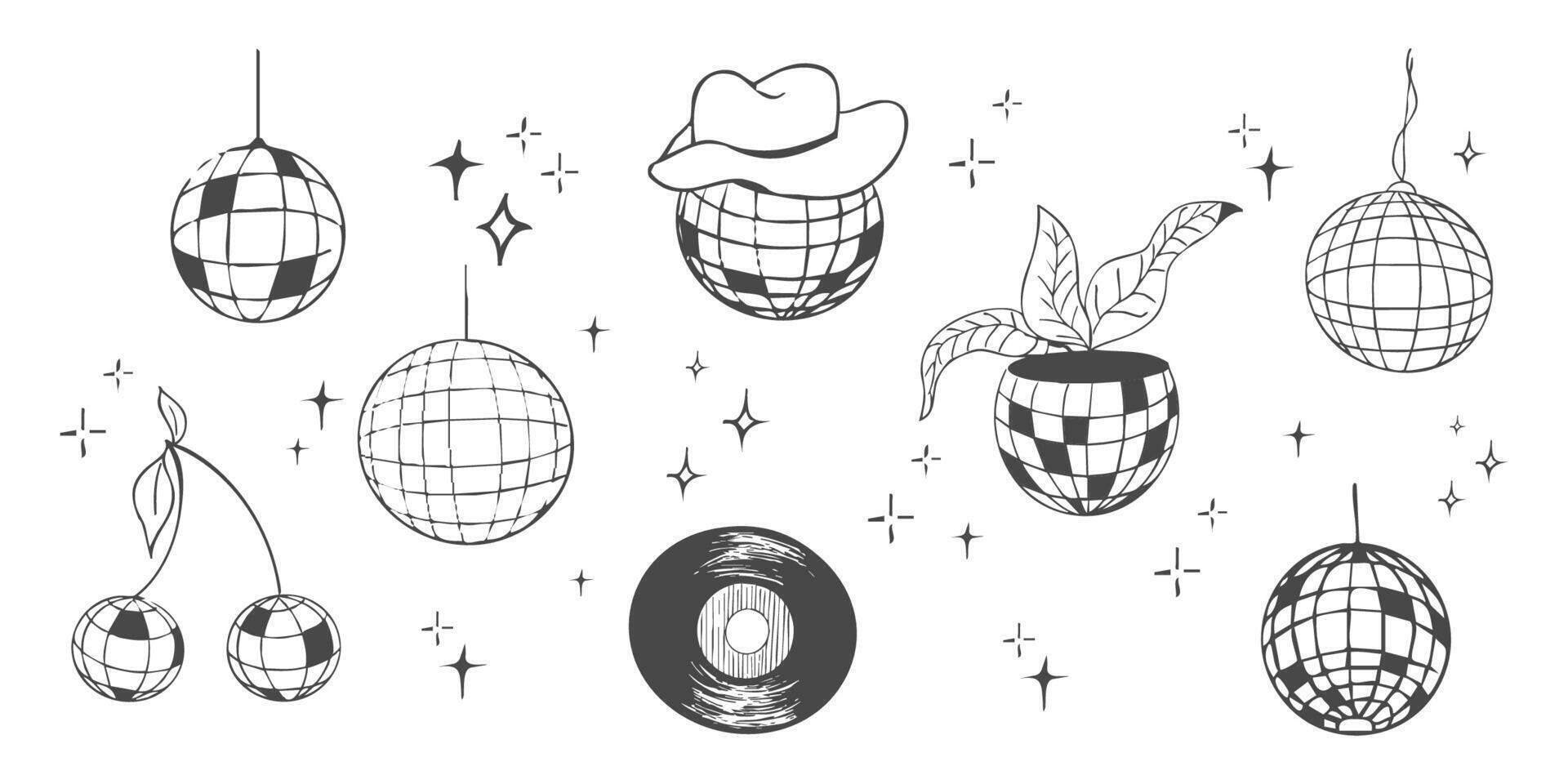 Disco ball doodle line tattoo y2k coquette trendy groovy decoration set. Retro dance party line hand drawn design elements. Disco ball, flower pot, vinyl with stars, sketch vector