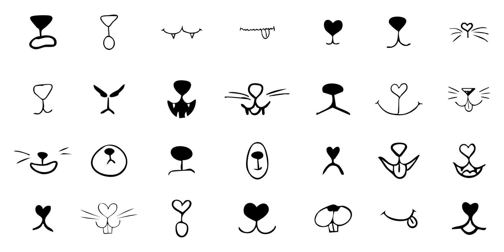 Pet mouth comic cute line doodle drawing. Set lips, noses and whiskers animal characters. Funny heart nose, hand drawn faces. vector