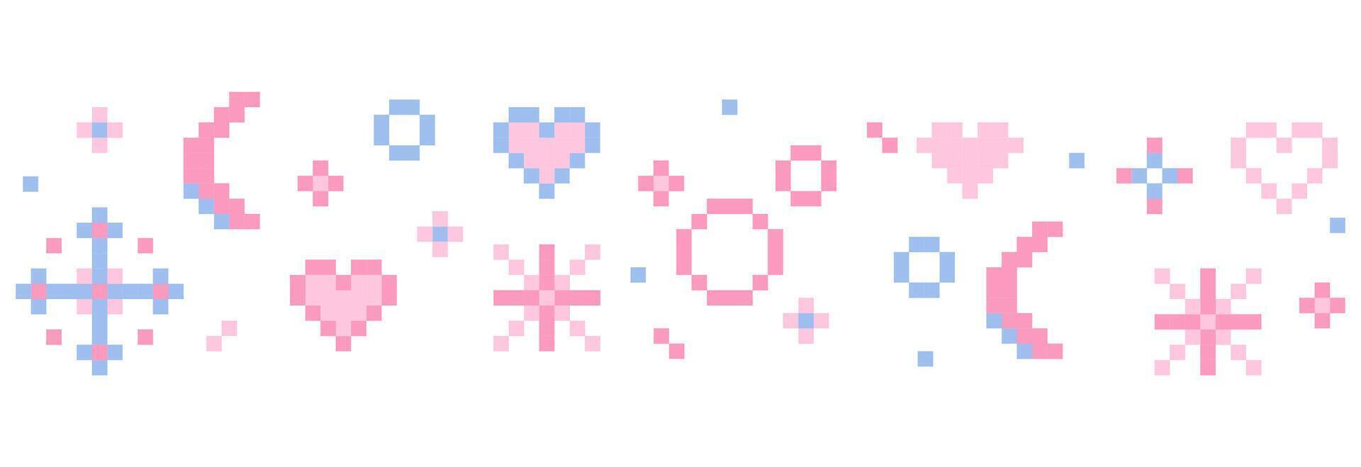Pixel star sparkle cute retro 8 bit sparkle seamless border. Shiny pink game pixel art effect decoration. Firework burst, arrow, space decoration. 90s aesthetics, y2k vector