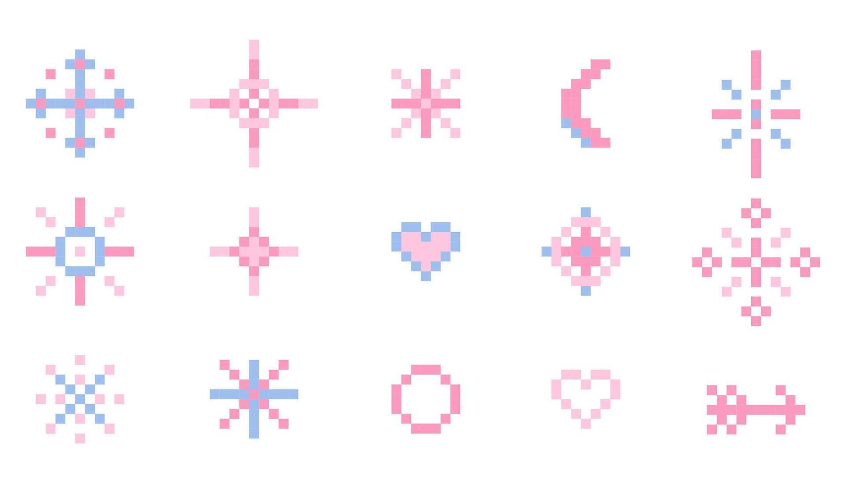 Pixel star sparkle cute retro 8 bit sparkle set. Shiny pink game pixel art effect set. Firework burst, arrow, space decoration. 90s aesthetics, y2k vector