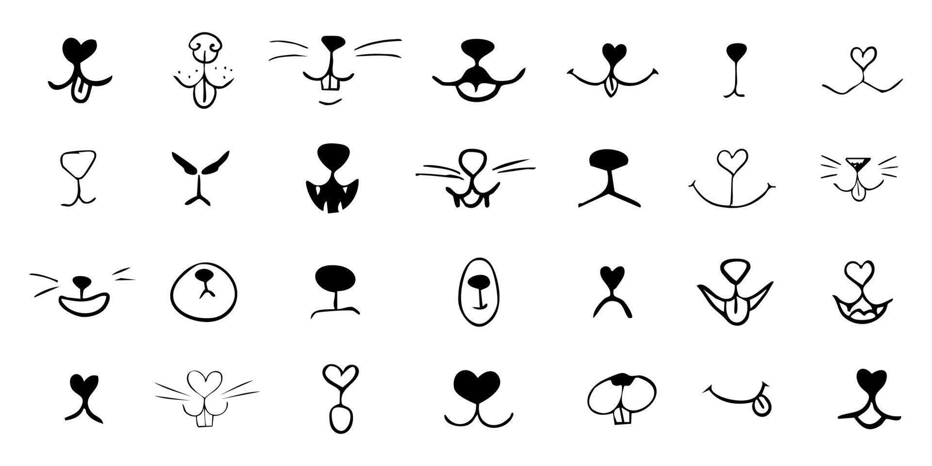 Pet mouth comic cute line doodle drawing. Set lips, noses and whiskers animal characters. Funny heart nose, hand drawn faces. vector