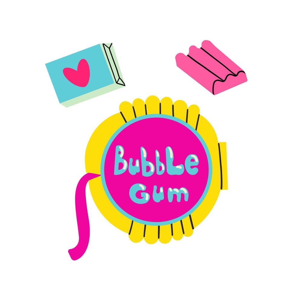 Classic 80s 90s elements in modern flat style. Hand drawn illustration. bubble gum emblem. illustration vector