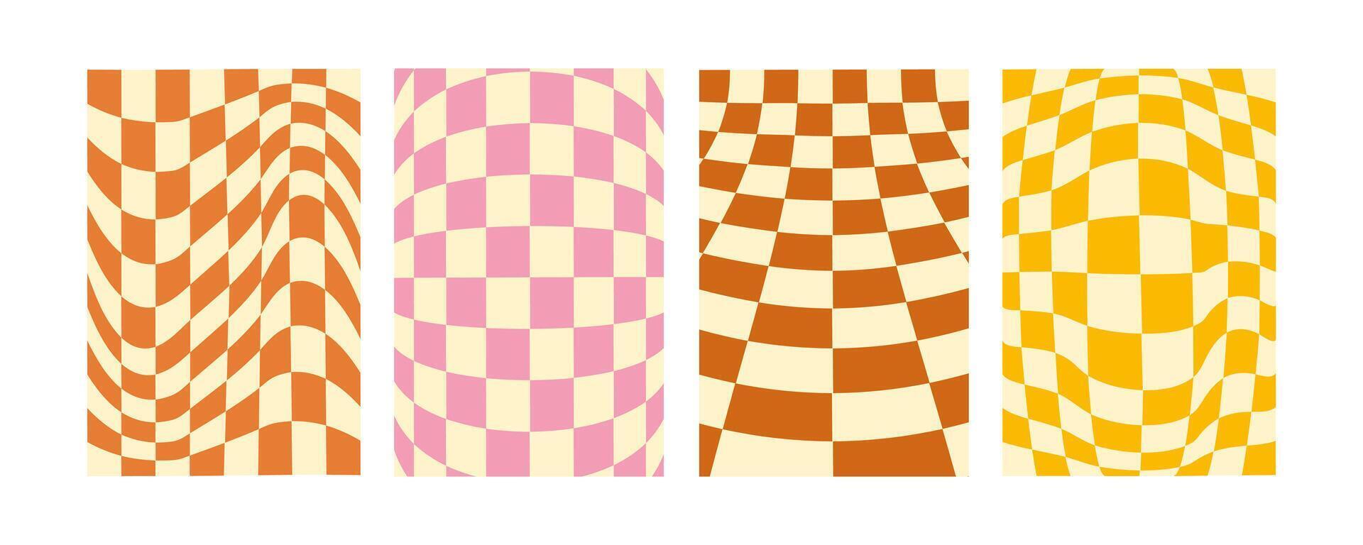 Retro Groovy distorted checkered background set. Hand drawn groovy backgrounds. Distorted checker, warped streaks, fluid liquid wavy lines, doodle waves. Checkered rectangle templates collection. vector