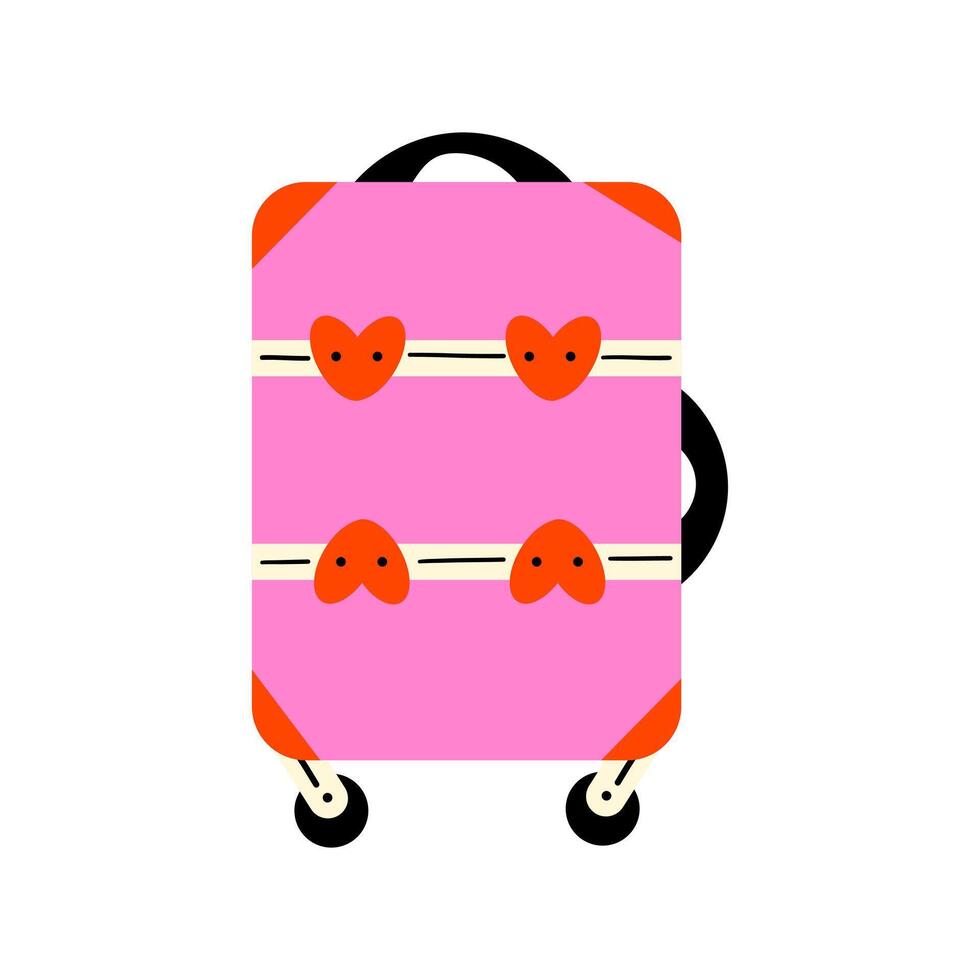 Pink Suitcase, bag and backpack for travel. Travel luggage. Family traveling suitcase, cabin luggage and check in baggage. illustration in flat hand drawn style design. vector