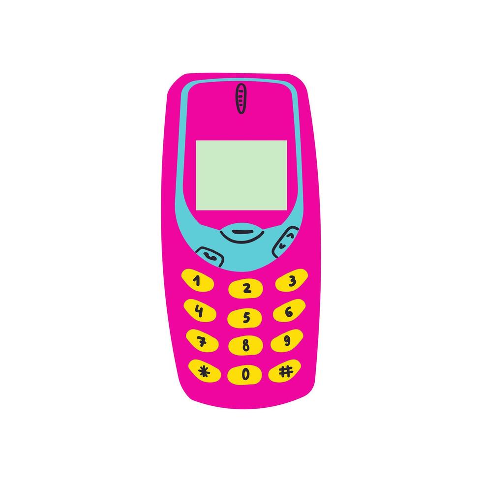 Classic 80s 90s pink mobile phone in modern style flat, line style. Hand drawn . Fashion patch, badge, emblem. vector